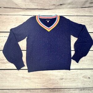 Andy & Evan Sweater Girls Size 8 Navy V-Neck Rainbow Stripe Trim Knit
